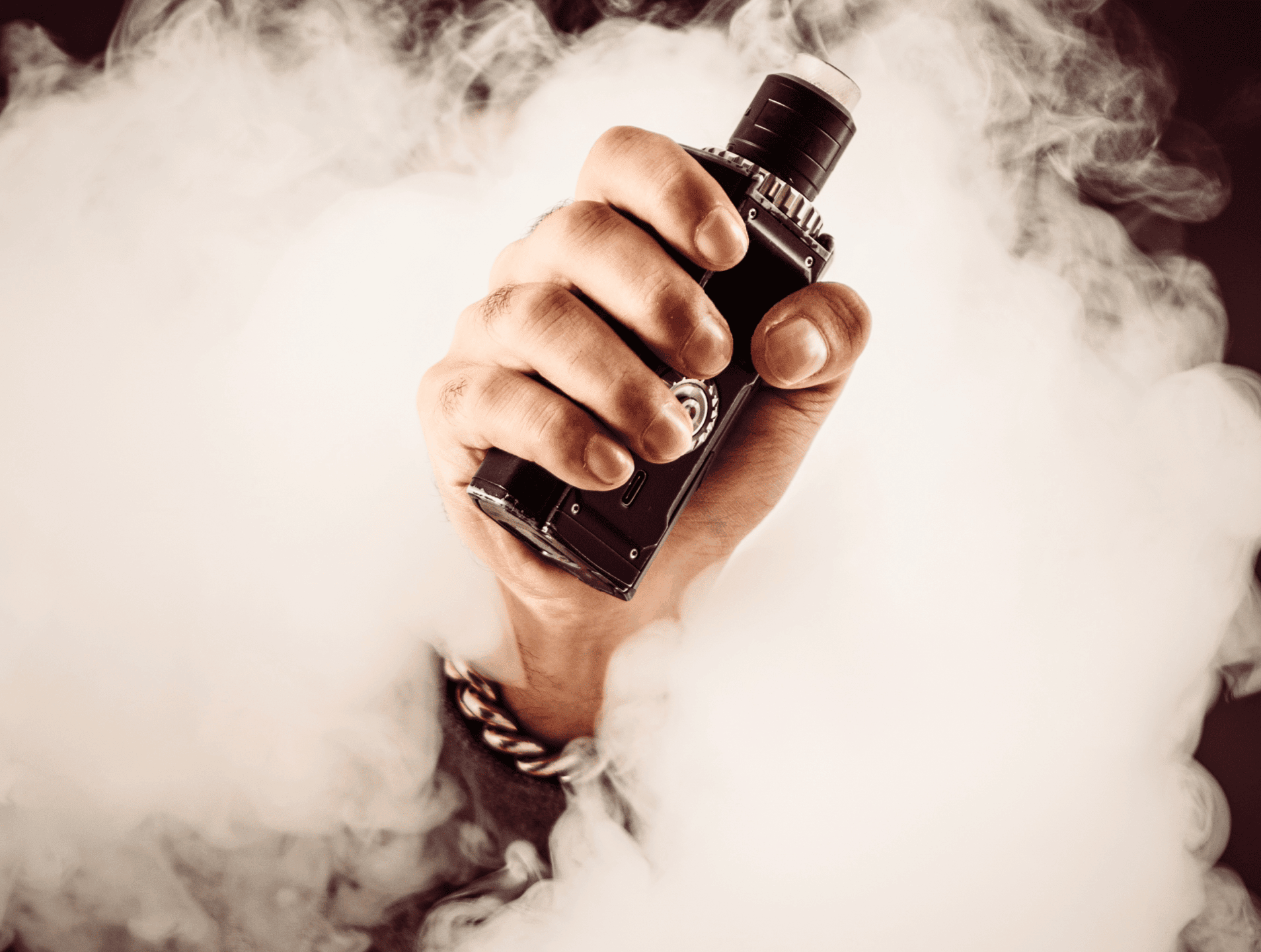 Vape mod device emitting vapor, vaping, electronic cigarette, cloud big vapor cloud.