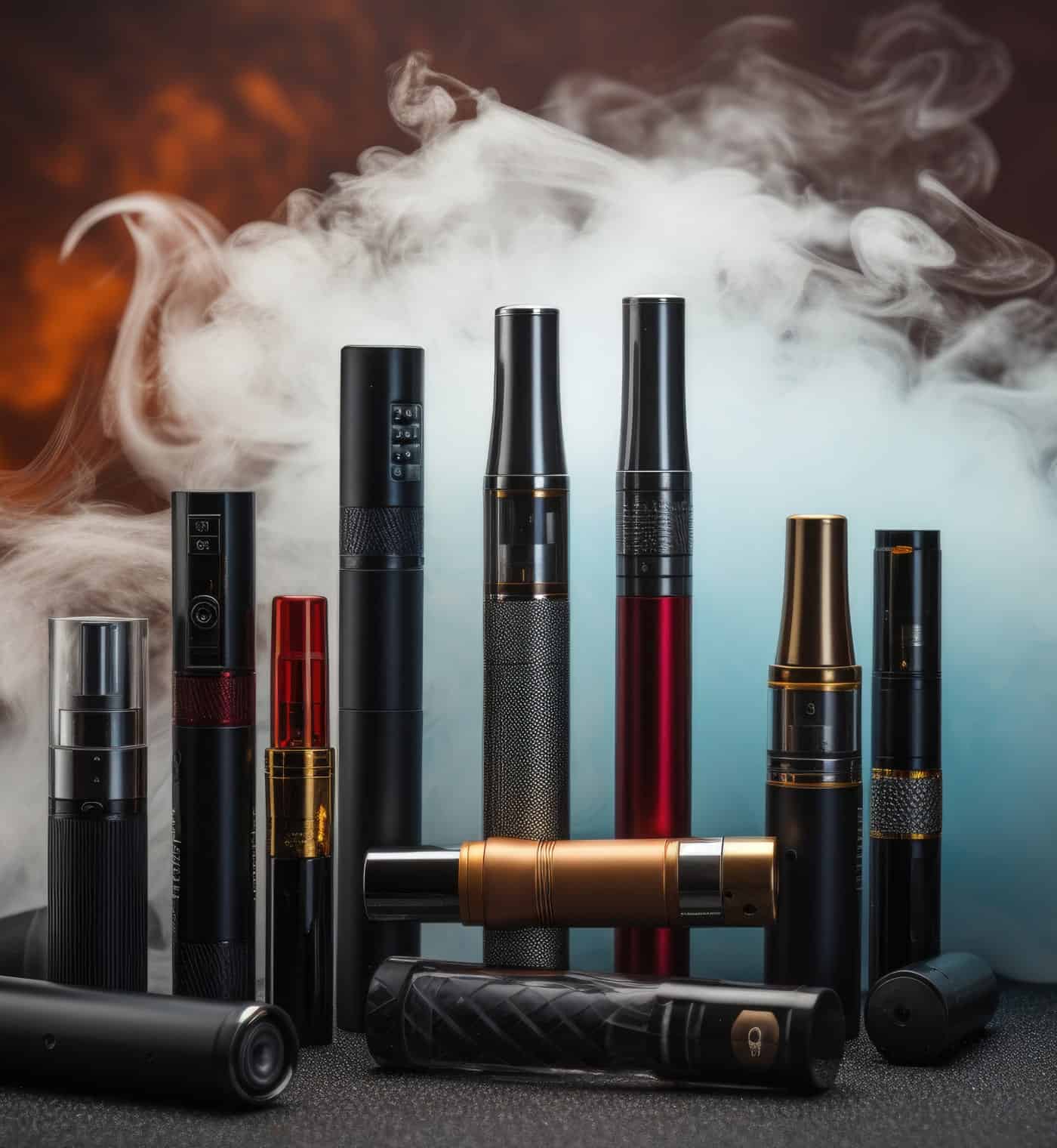 High-end vape pens and electronic cigarettes with vapor clouds, sleek designs for vaping enthusiasts.