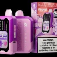 Purple RIF BAR vape device with digital display and nicotine warning label.