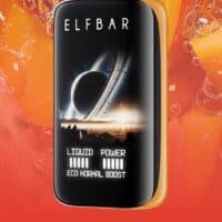 Vape device with space-themed display on tropical fruit juice background.