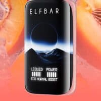 Vape device with peach ice flavor surrounded by ice and fresh peaches, ideal for vaping enthusiasts.