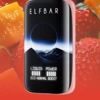 Vape device with Strawberry Mango flavor on a background of fresh strawberries and mango pieces, highlighting fruity vape options.