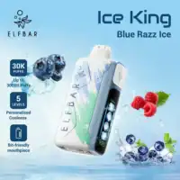 Ice king blue razz ice vape device with berry graphics and water splash background, flavored vapor, vaping, coolness, handheld vaporizer, e-cigarette, vape product, vaping device, berry flavor, cooling e-liquid, rechargeable vape, personal vaporizer, vape innovation, vapor cloud, flavorful vape.