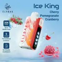 Vape Elfbar Ice King device with cherry, pomegranate, and cranberry flavors on a cool blue background.