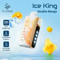 Ice King Double Mango vape device with colorful mango visuals and cool background.