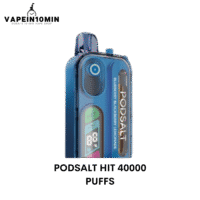 Vape in 10 Min Podsalt HIT 40000 Puffs blue vaping device with digital display and nicotine salt e-liquid.