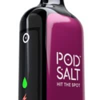 Pod salt vaping device in black and pink, portable and sleek design.