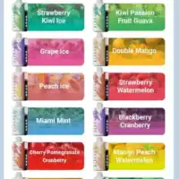 Assorted vape flavors featuring watermelon ice, blueberry Razz ice, strawberry kiwi, kiwi passion fruit guava, and more.