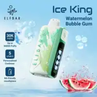 Watermelon Bubble Gum Ice King vape device on a cool blue background with watermelon slices.