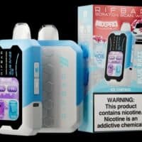 RIFAB Blue Raz Ice Disposable Vape with LCD screen, sleek design, and colorful packaging.