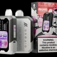 Riff Bar disposable vape device with colorful LCD screen and nicotine warning label.