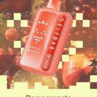 Pomegranate Raspberry Lime vape device with flavor profile and colorful fruit background.