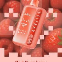 Red Raspberry Strawberry flavored vape device with LED display and fruity background for vaping enthusiasts.