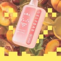 Vape device with cherry peach soda flavor surrounded by fresh fruits for vaping pleasure.