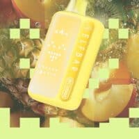 Vape Elf Bar BC3000 disposable vape with Kiwi Pineapple Peach flavor on tropical fruits background.