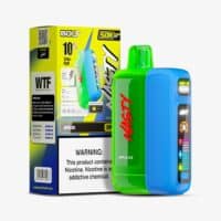 Blue and green electronic vaping device with LED display and packaging box.