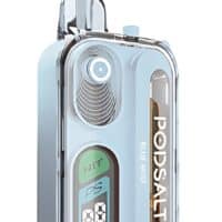 Shiny electronic vape device with digital display and glass tank for e-liquid use.