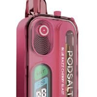 Pink disposable vape device with blue razz cherry blast flavor, digital display, and adjustable settings.