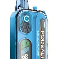 Blue sour raspberry vape device with digital display and control buttons.