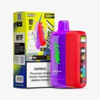 Vape device with colorful packaging and digital display, promoting berry grape flavored nicotine vaping.