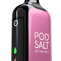 Vape device with pink and black design, featuring the brand name "Pop Salt" and vibrant LED indicators.