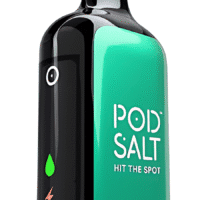 Compact black and teal vaping device with "Pod Salt" branding and "Hit the Spot" slogan, ideal for e-cigarette enthusiasts.