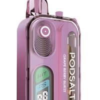 Vape device with digital display and pink plastic exterior, featuring a "Grape Berry Burst" flavor label.