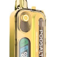 Shiny gold vape device with digital display and button controls.
