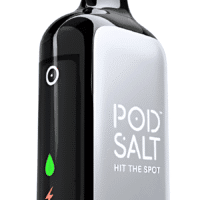 Vape device with sleek black and silver design, featuring indicator lights and refillable pod.