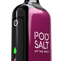 Vape device with black and pink design, featuring "Pop Salt" branding and health indicators.