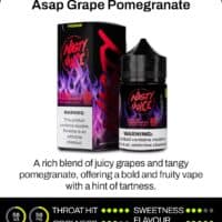 Grape pomegranate vape juice bottle with black packaging and purple flames.