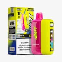 Bright yellow and pink vape device with LED displays and strawberry kiwi flavor, used for nicotine vaping.