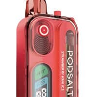 Red strawberry kiwi vape device with digital display and adjustable settings.
