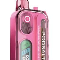 Vape device with pink transparent design, digital display screen, and temperature controls, ideal for vaping enthusiasts.