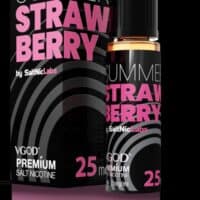 Strawberry summer vape juice bottle with black and pink packaging, nicotine salt e-liquid for vaping.