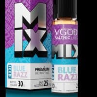 Vape juice bottle with VGOD SaltNic Labs Blue Razz flavor for vaping.