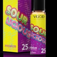 Saltniclabs VGOD Sour Licious vape juice box with colorful packaging and e-liquid bottle for vaping.