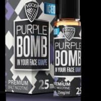 Vape salt nicotine e-liquid bottle and packaging for Purple Bomb Grape flavor.