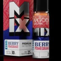 VGod SaltNic Labs Berry Pomegranate CBD vape juice bottle and packaging.