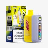 Vape device with colorful LED display and yellow nicotine pouch container.