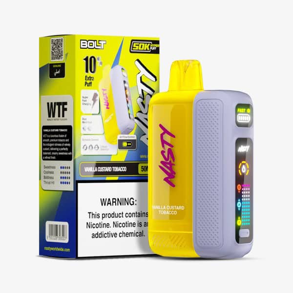 Vape device with colorful LED display and yellow nicotine pouch container.