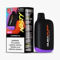 Vape device and packaging for Dura Puff nicotine puffs Blackberry Ice flavor.