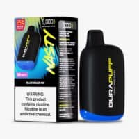 Vape device and packaging for Dura Puff disposable e-cigarette, blue razz ice flavor.