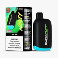 Disposable vape device with cooling mint flavor, nicotine content, and sleek black design.