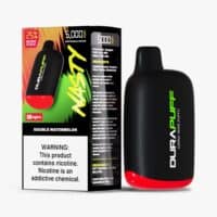 Vape device packaging and vaping pod with black and red design for DURA PUFF disposable vape.