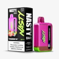 Vape Nasty Bar Strawberry Ice disposable vaping device with colorful packaging and flavor details.