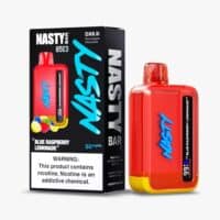 Blue raspberry lemonade vape device with NASTY Bar packaging, disposable e-cigarette, and vaping product for nicotine consumption.