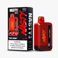 Red nicotine vape device and box for Nasty Bar disposable vape, Fizzy Cherry flavor, 50mg/mL nicotine strength.