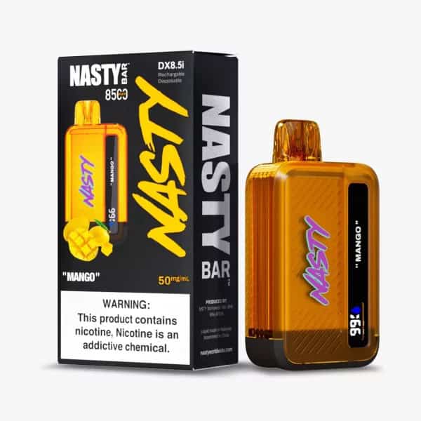 NASTY AIR Bar Mango vape device with LCD display and nicotine warning.