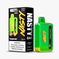 Bright green Nasty Passion Fruit Vape Device with display screen and packaging, ideal for vaping enthusiasts.
